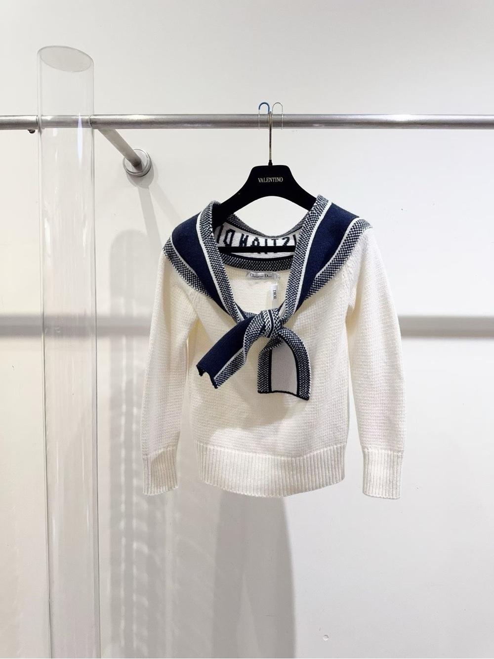Dior White Knit Sweater with Navy Sailor Collar